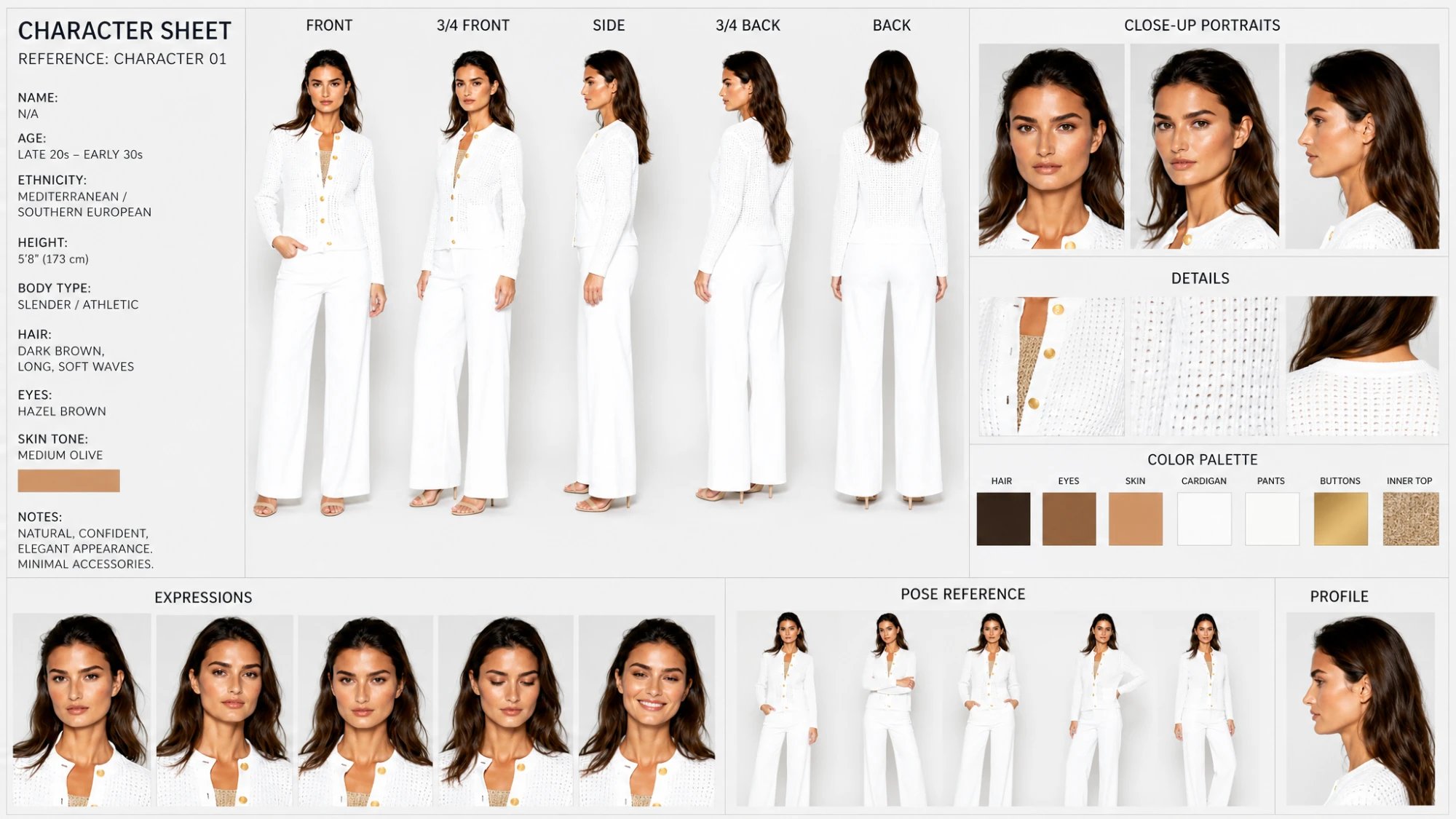 A full character sheet — turnarounds, close-ups, details, palette, expressions and pose references for a licensed digital double